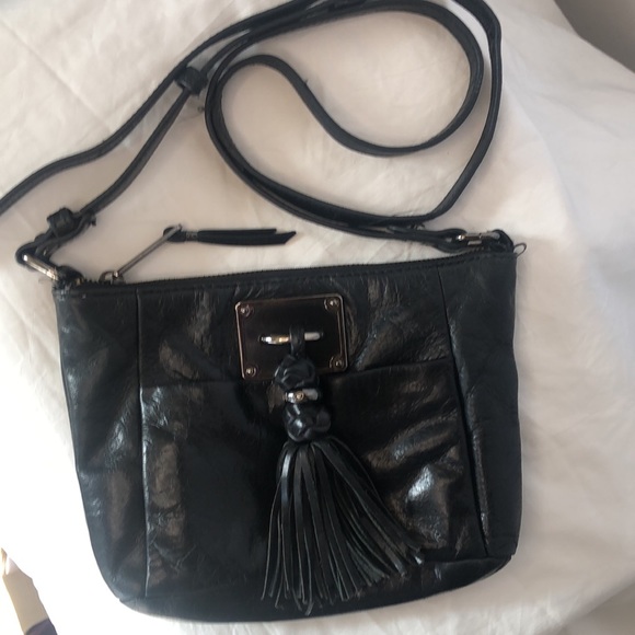 ELLIOT LUCCA black buttery soft 100% leather crossbody. Black tassels in front. - Picture 2 of 15